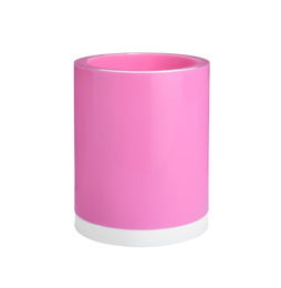 Photo of Pink plastic holder isolated on white. Stationery for school