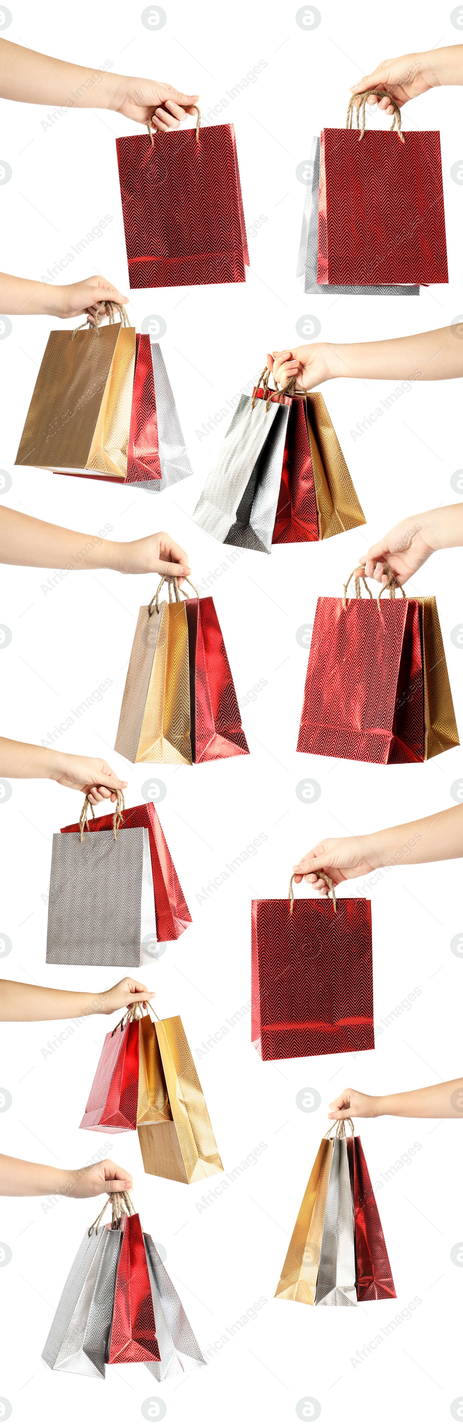 Image of Collage of women holding paper shopping bags on white background, closeup