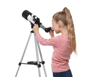 Little girl looking at stars through telescope on white background