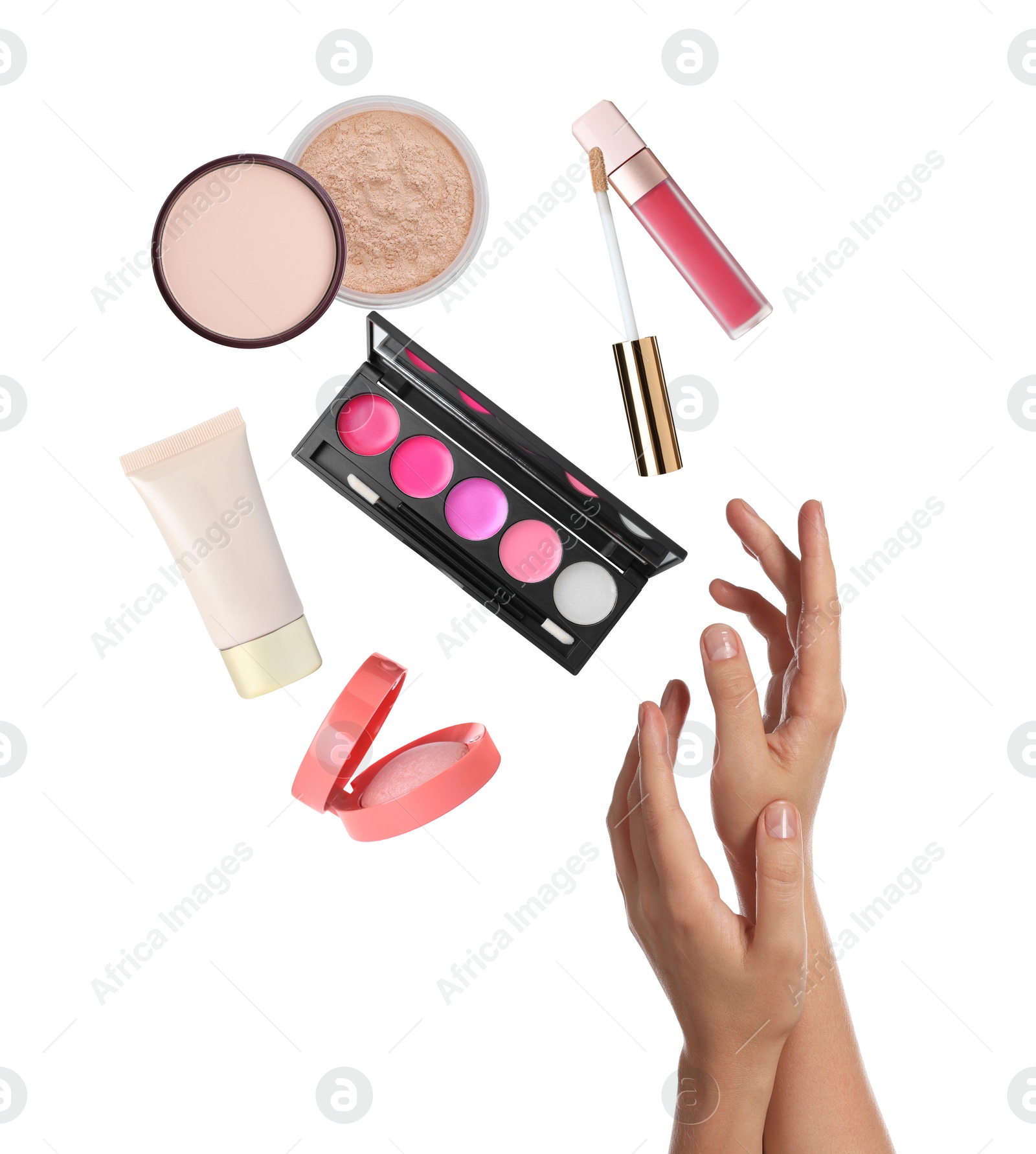 Image of Woman and levitating decorative cosmetics on white background, closeup. Makeup products