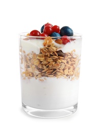 Photo of Glass with yogurt, berries and granola on white background