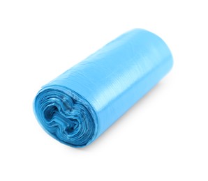 Photo of Roll of light blue garbage bags isolated on white