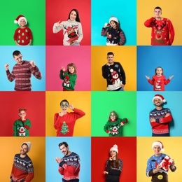 Image of Collage with photos of adults and children in different Christmas sweaters on color backgrounds