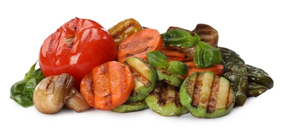 Mix of delicious grilled vegetables on white background