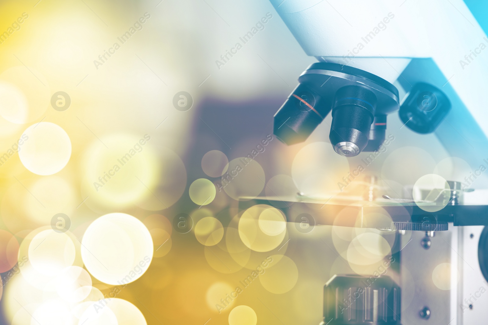 Image of Microscope, closeup. Laboratory equipment. Color toned, bokeh effect