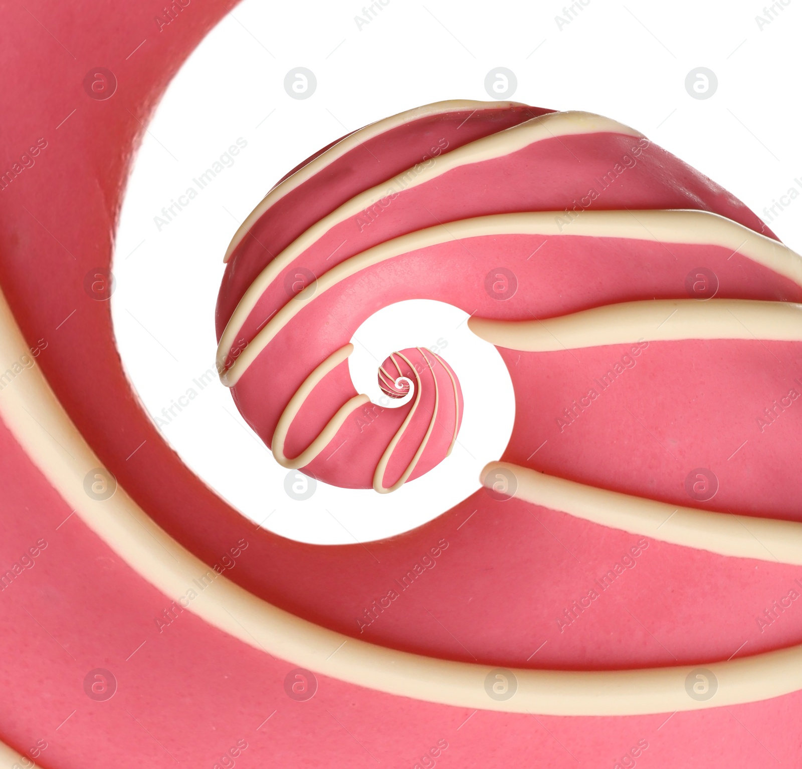 Image of Twisted donut with strawberry icing and topping on white background, spiral effect
