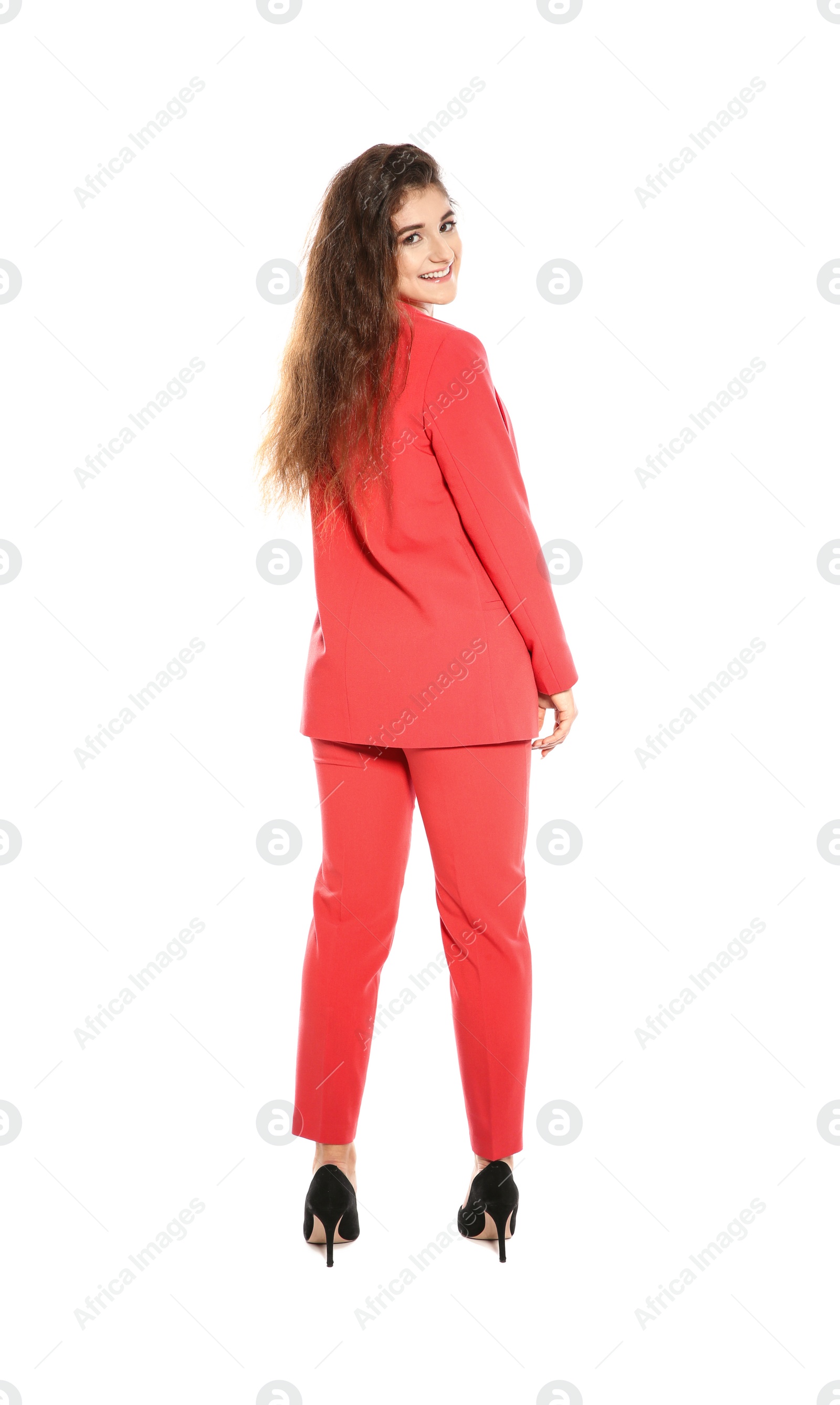 Photo of Beautiful young woman in stylish suit on white background