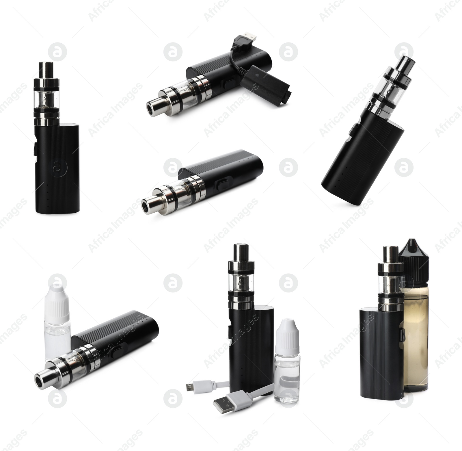 Image of Set with electronic smoking devices on white background