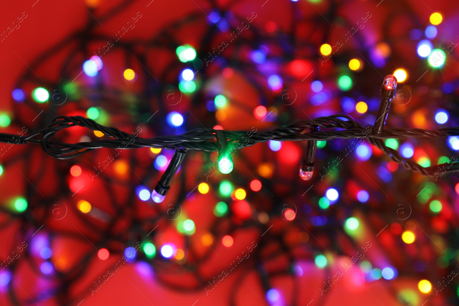 Photo of Glowing Christmas lights on color background, closeup