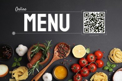 Image of Scan QR code for contactless menu. Flat lay composition with cooking utensils and fresh ingredients on black background