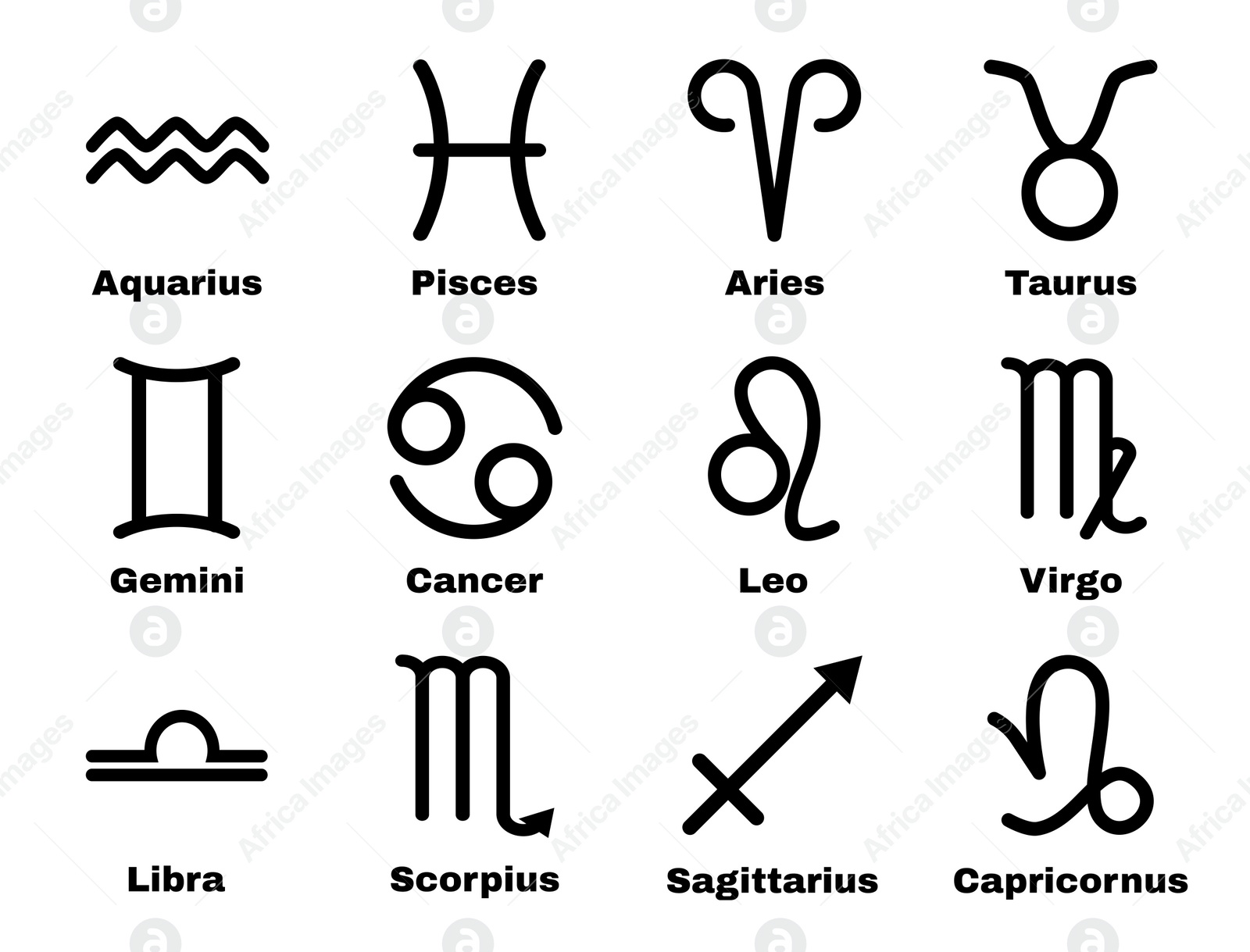 Image of Set with 12 zodiac signs on white background, illustration