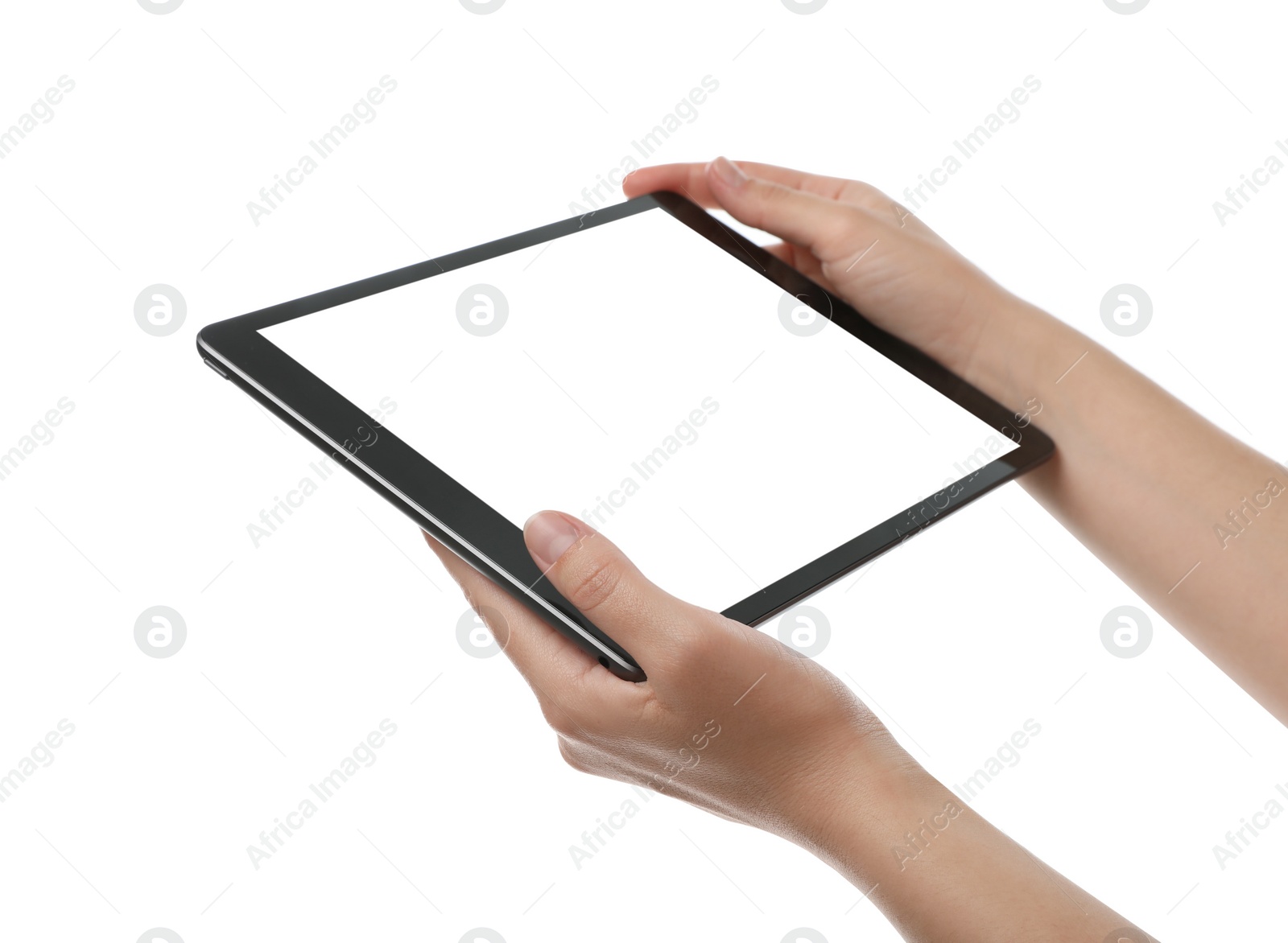 Photo of Woman holding tablet computer with blank screen on white background, closeup. Modern gadget