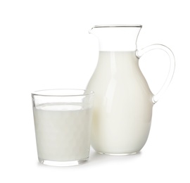 Photo of Glass and jug with fresh milk on white background