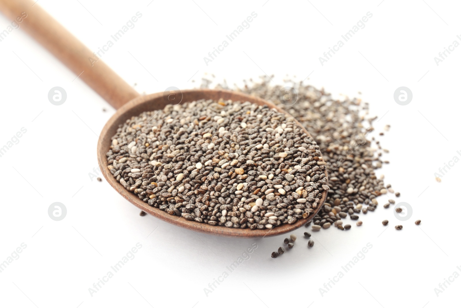 Photo of Spoon and chia seeds isolated on white