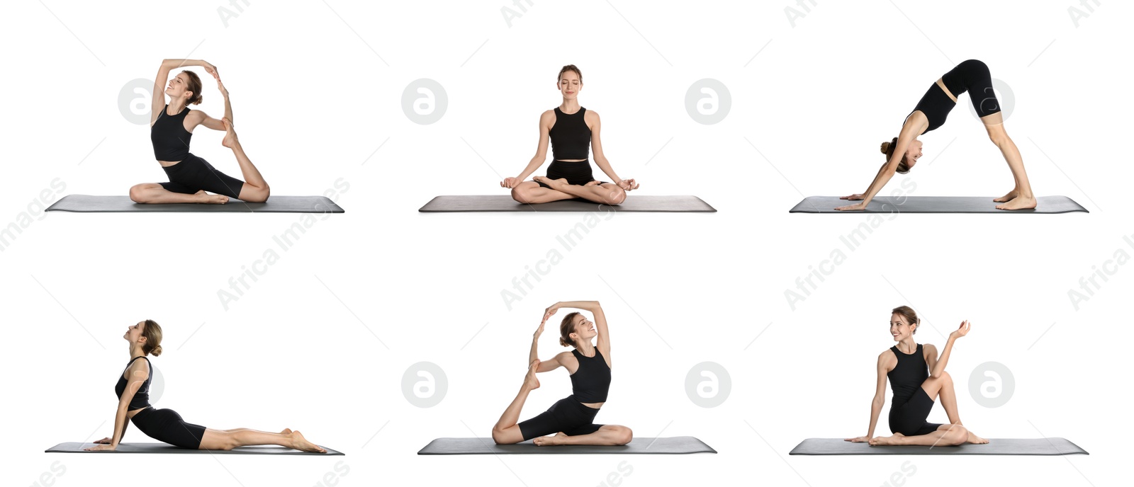 Image of Young woman practicing yoga on white background, collage. Banner design 