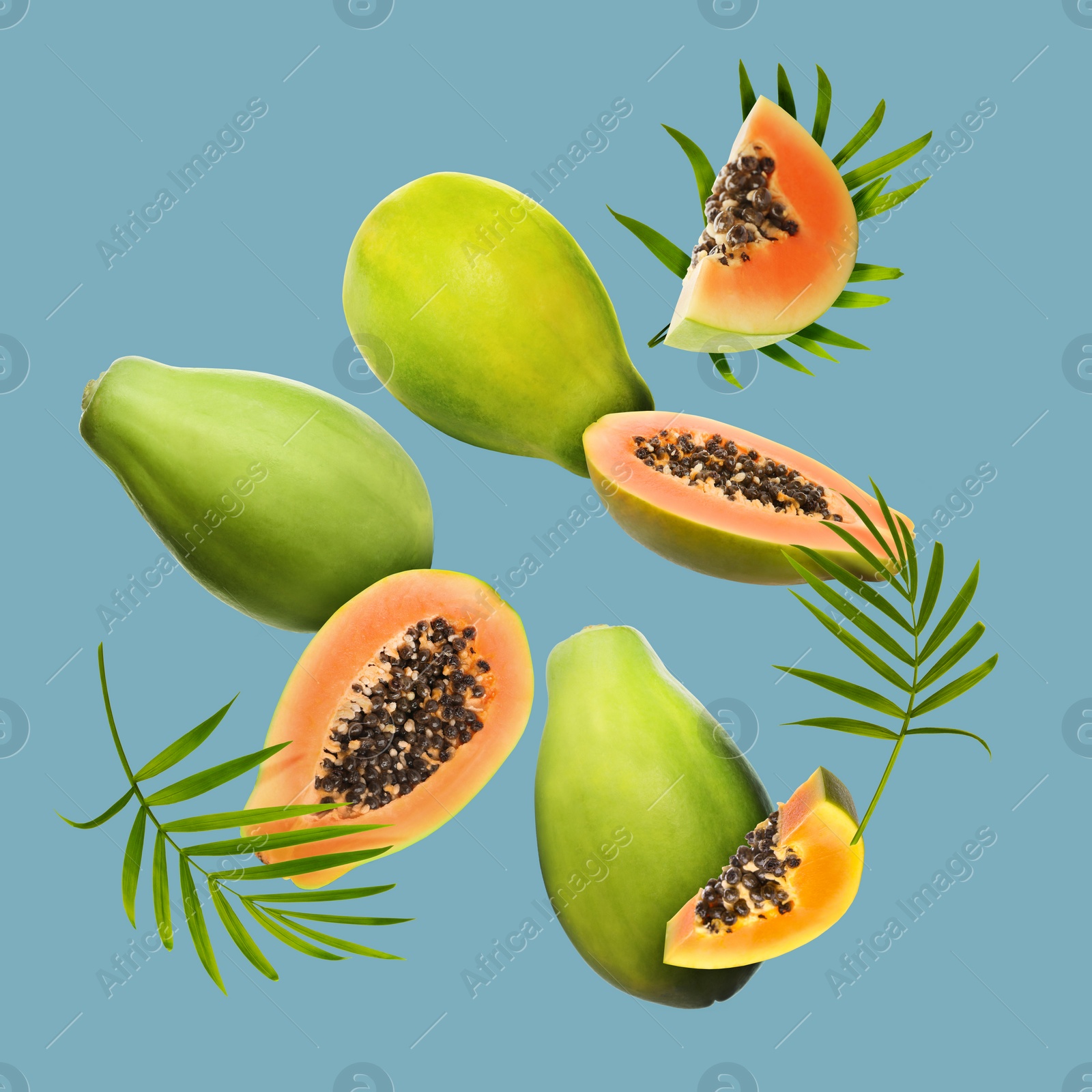 Image of Fresh papaya fruits and green leaves falling on pale light blue background