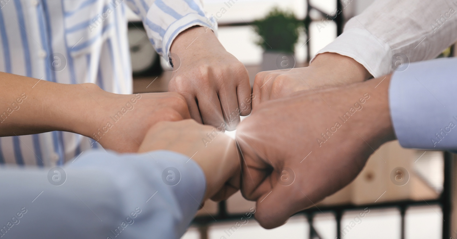 Image of Business partners. Group of people holding fists together in office, closeup. Banner design