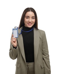 Happy woman with vip pass badge on white background