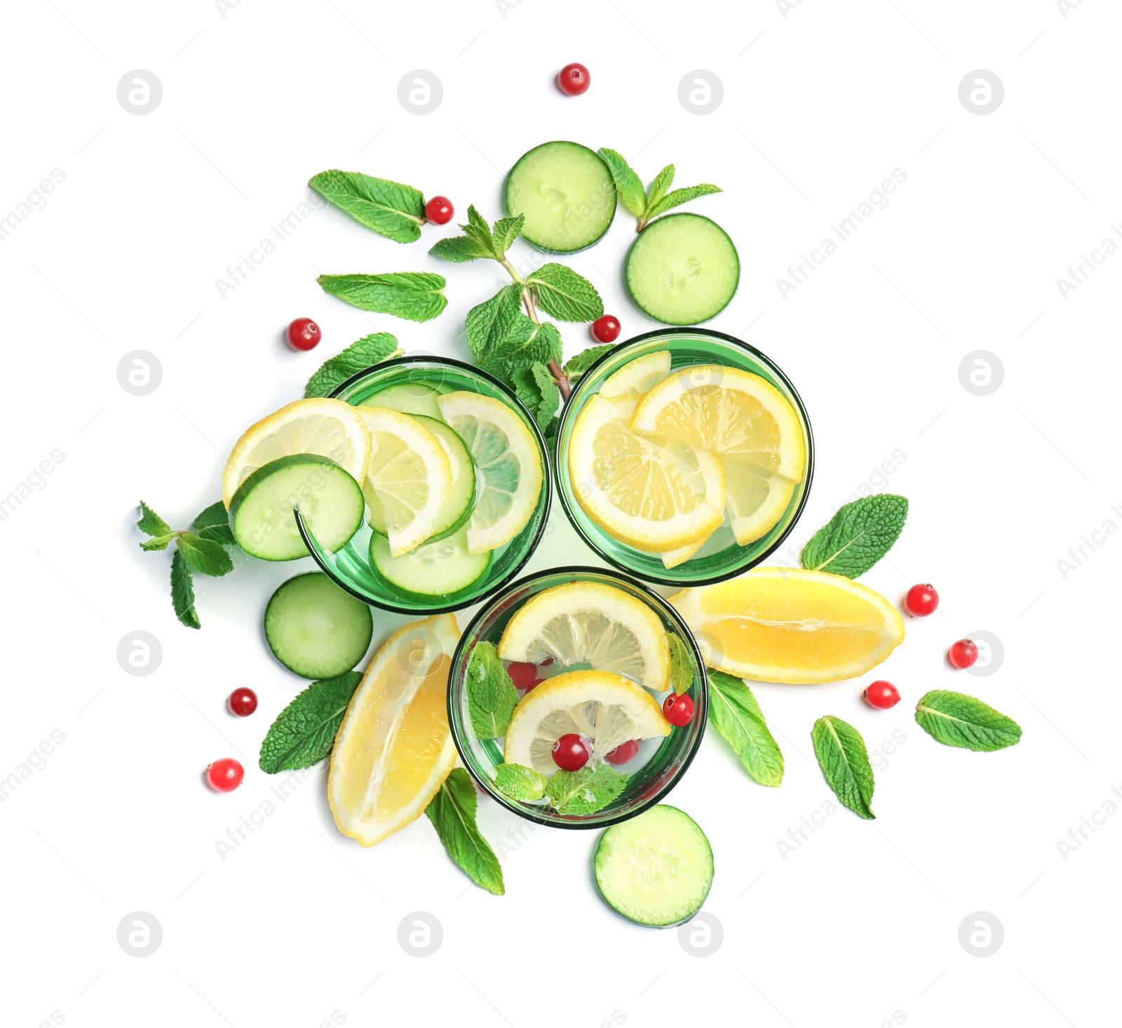 Photo of Flat lay composition with delicious natural lemonade on white background