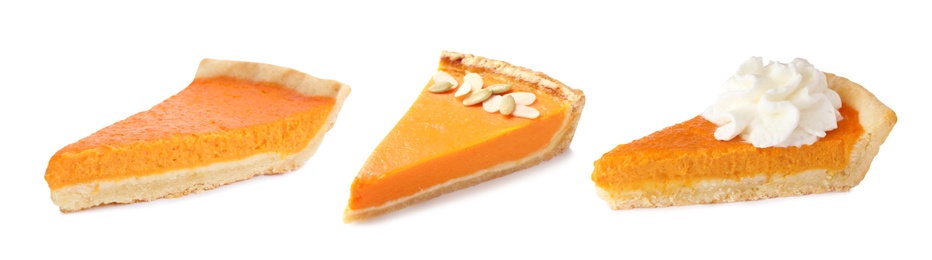 Image of Set of tasty pumpkin pie slices on white background, banner design 