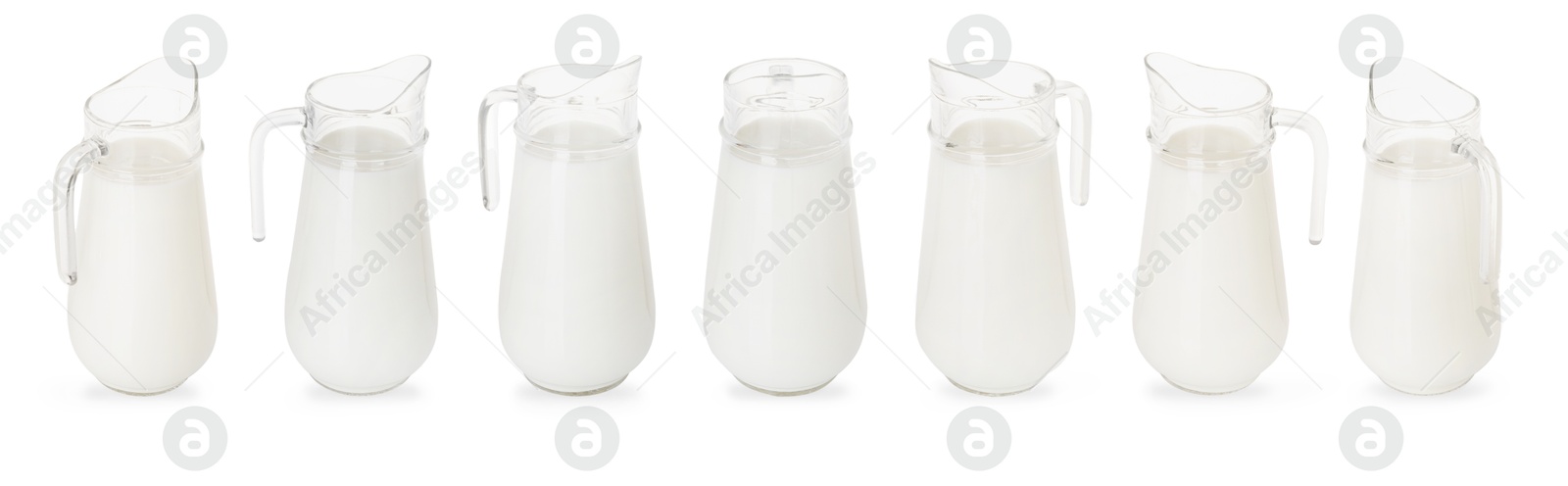 Image of Fresh milk in jug isolated on white, set