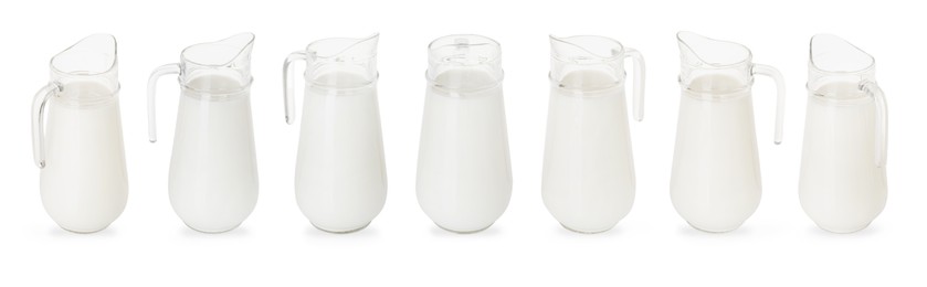 Image of Fresh milk in jug isolated on white, set