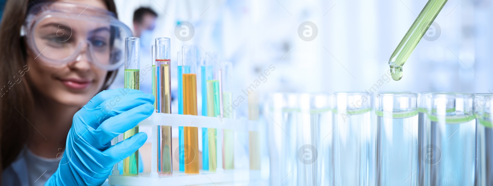 Image of Chemistry and chemical research. Collage of laboratory glassware and scientist working with liquids. Banner design