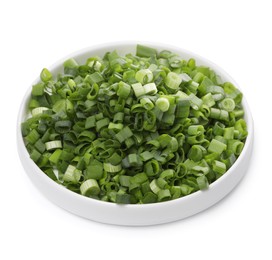 Chopped fresh green onion in bowl isolated on white