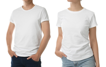 Image of Man and woman in t-shirts on white background, closeup. Mockup for design