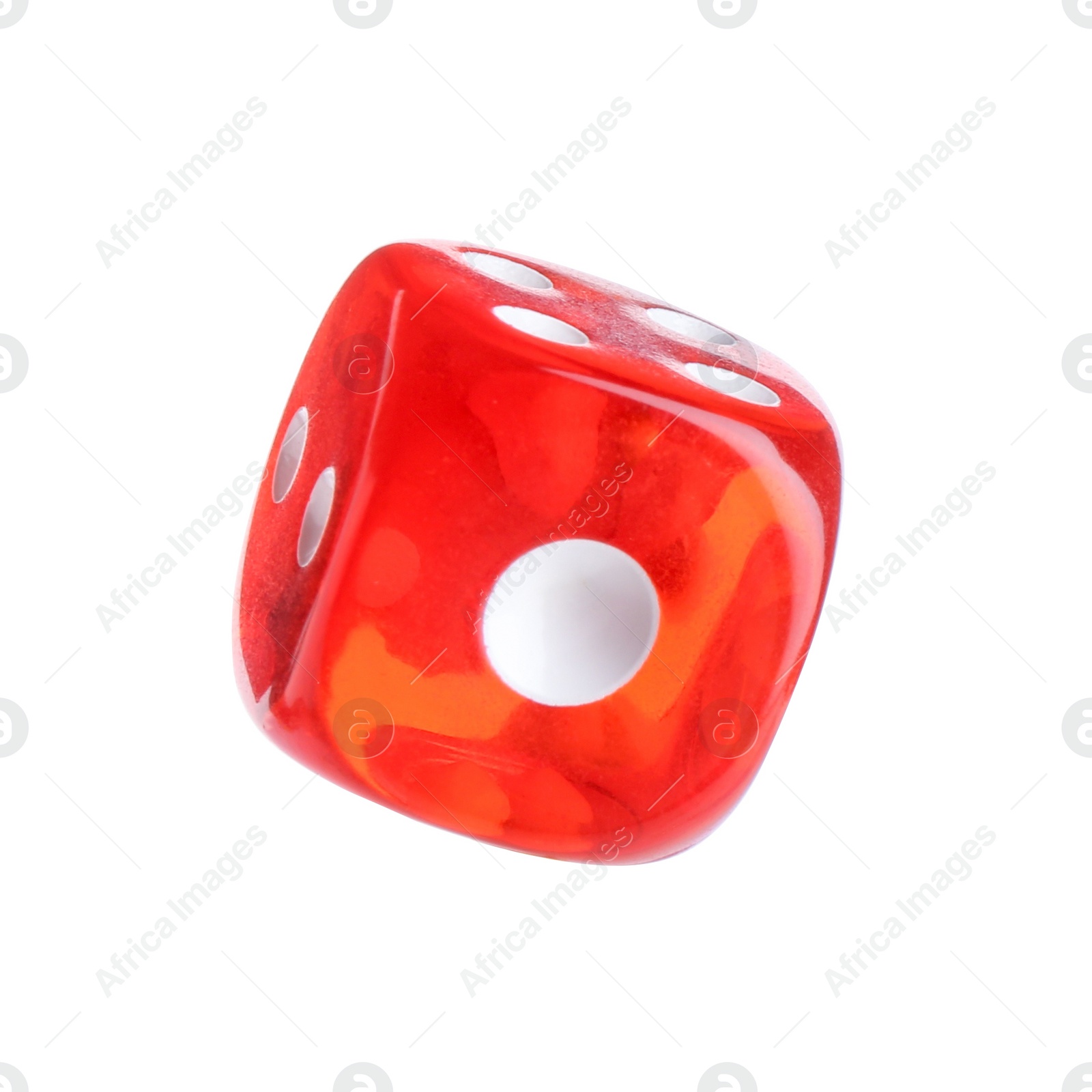 Photo of One red game dice isolated on white