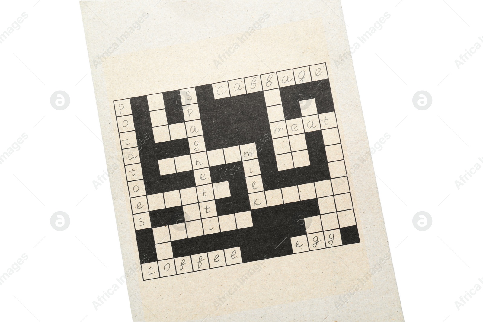 Photo of Blank crossword isolated on white, top view. Intellectual entertainment