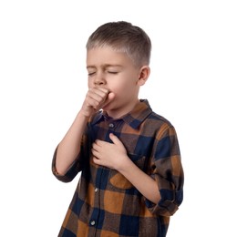 Photo of Sick boy coughing on white background. Cold symptoms