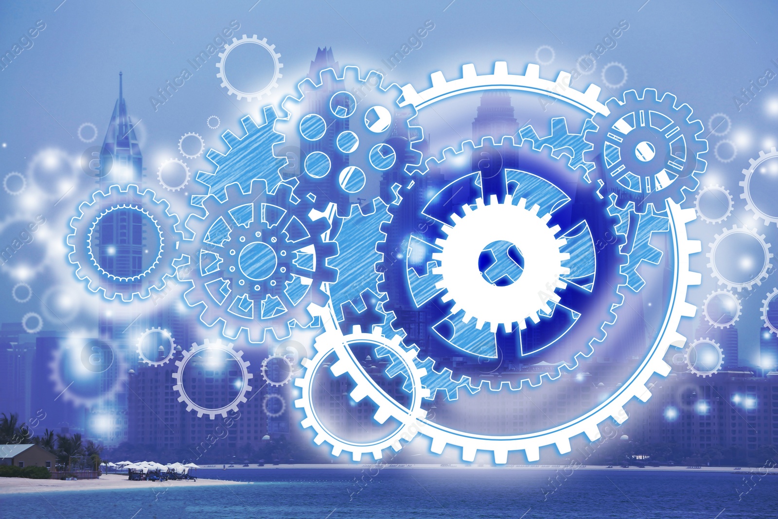 Image of Illustration of gear mechanism and cityscape on background