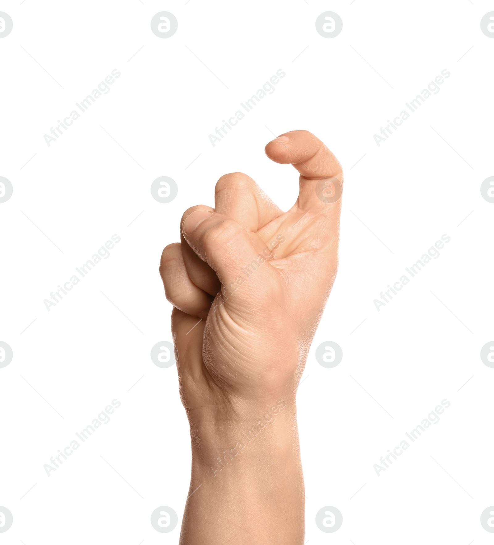 Photo of Man showing X letter on white background, closeup. Sign language