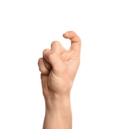 Photo of Man showing X letter on white background, closeup. Sign language