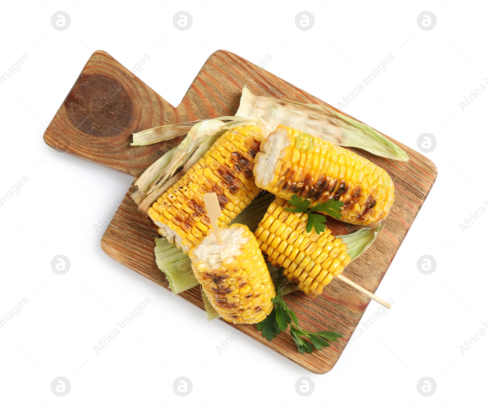 Photo of Tasty grilled corn cobs with parsley on white background, top view