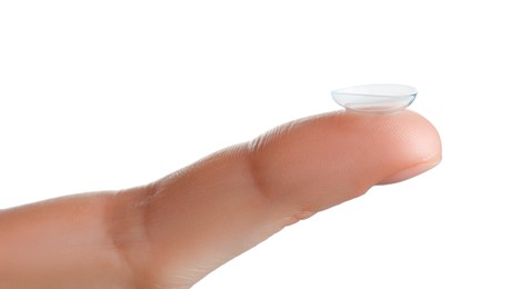 Photo of Woman holding contact lens on white background, closeup