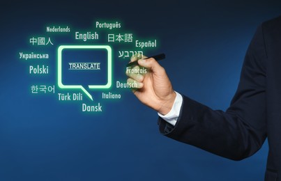 Image of Translator pointing at virtual screen with names of different languages on blue background, closeup