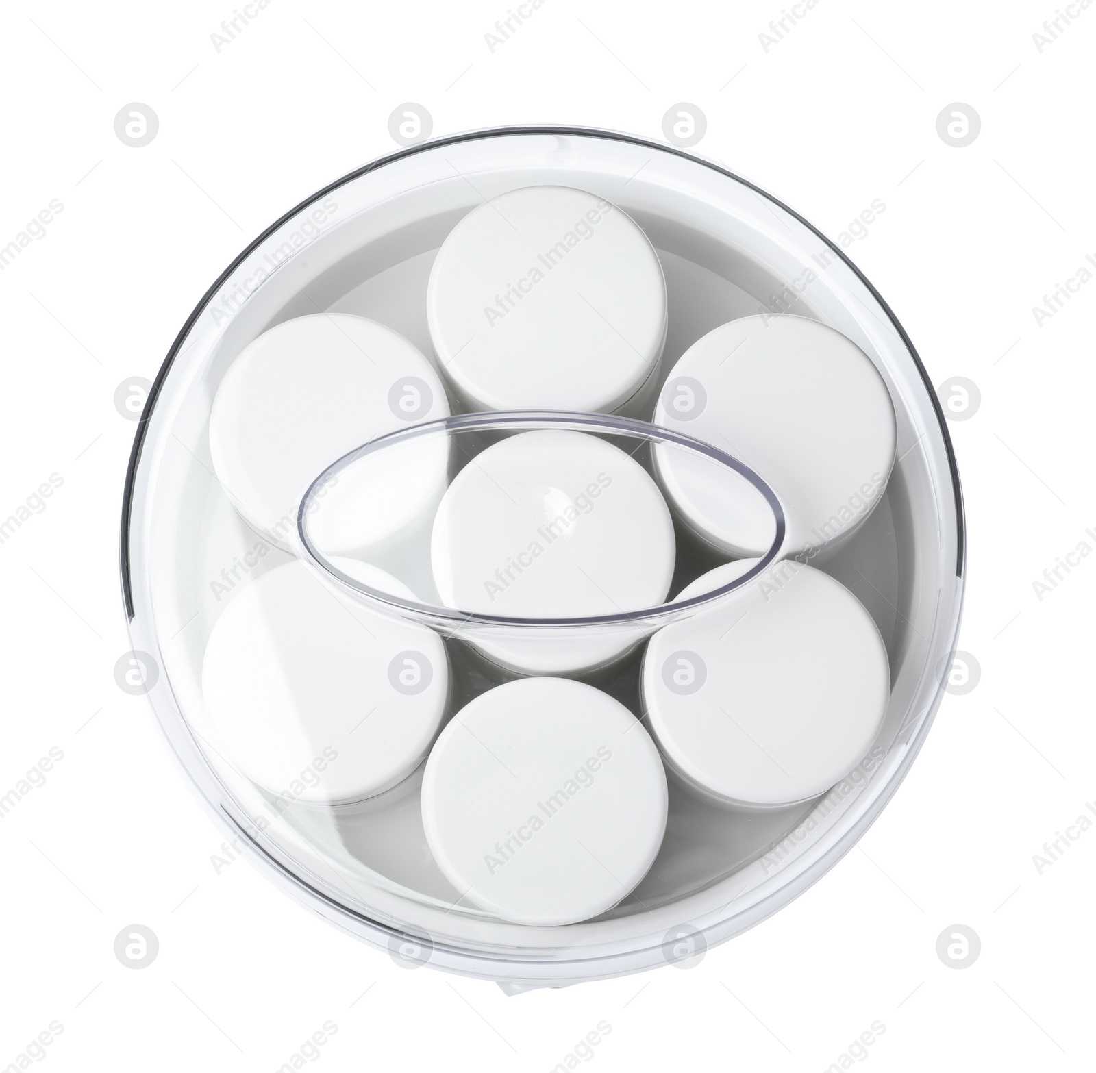 Photo of Modern yogurt maker with jars on white background, top view