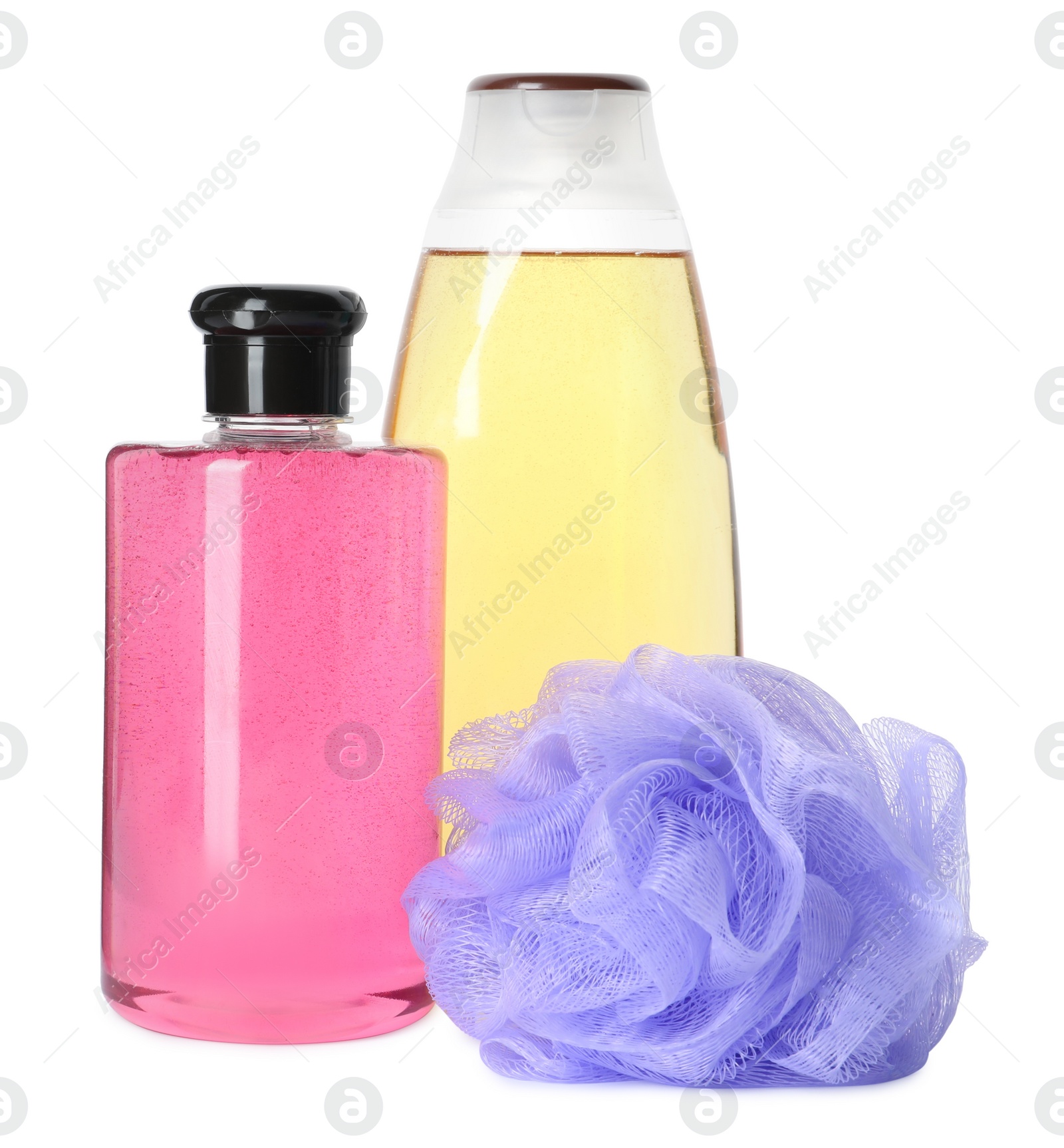 Photo of Personal hygiene products and shower puff on white background
