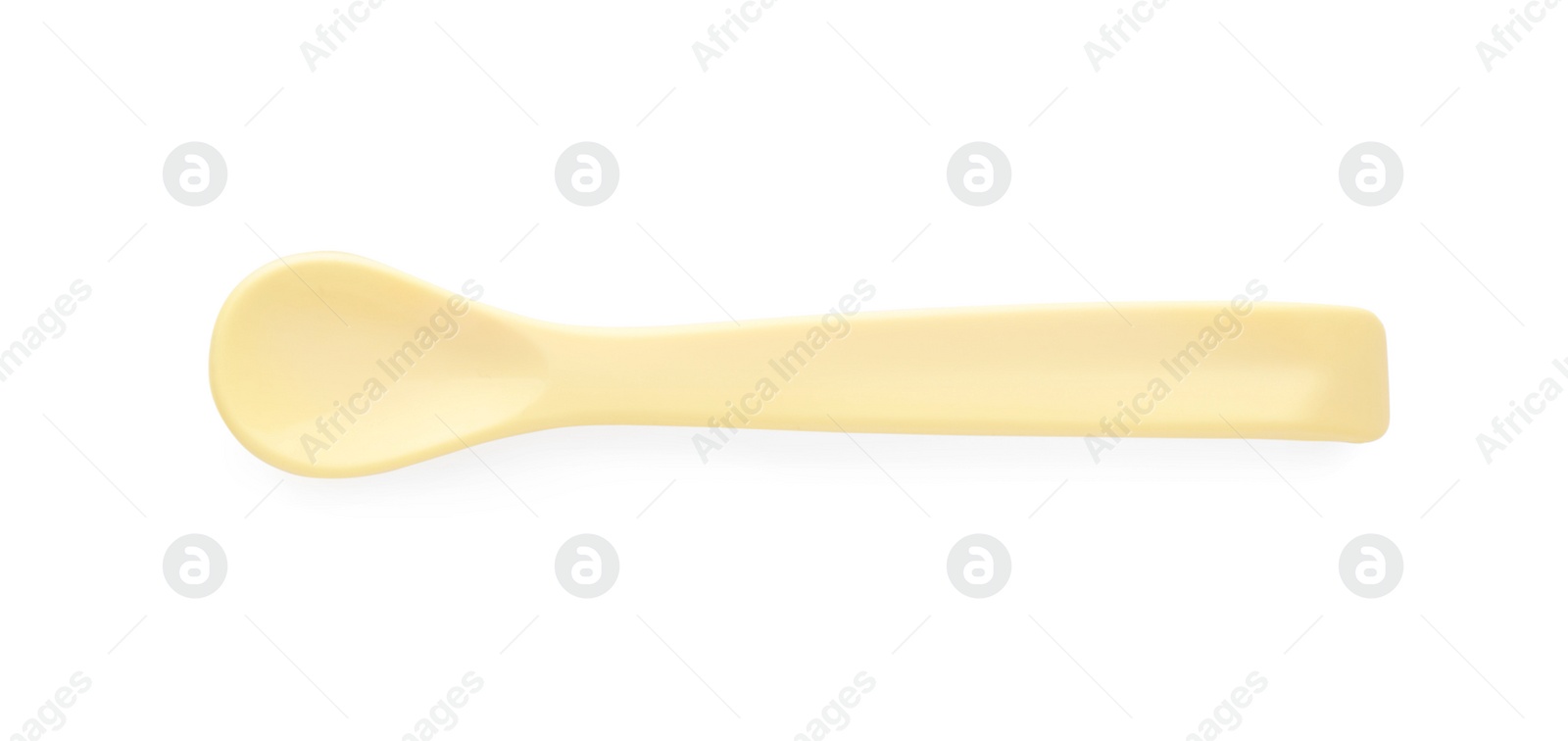 Photo of Plastic spoon isolated on white, top view. Serving baby food