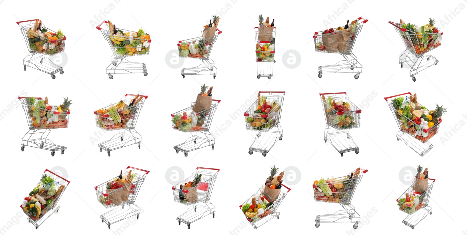 Image of Set with shopping carts full of groceries on white background. Banner design