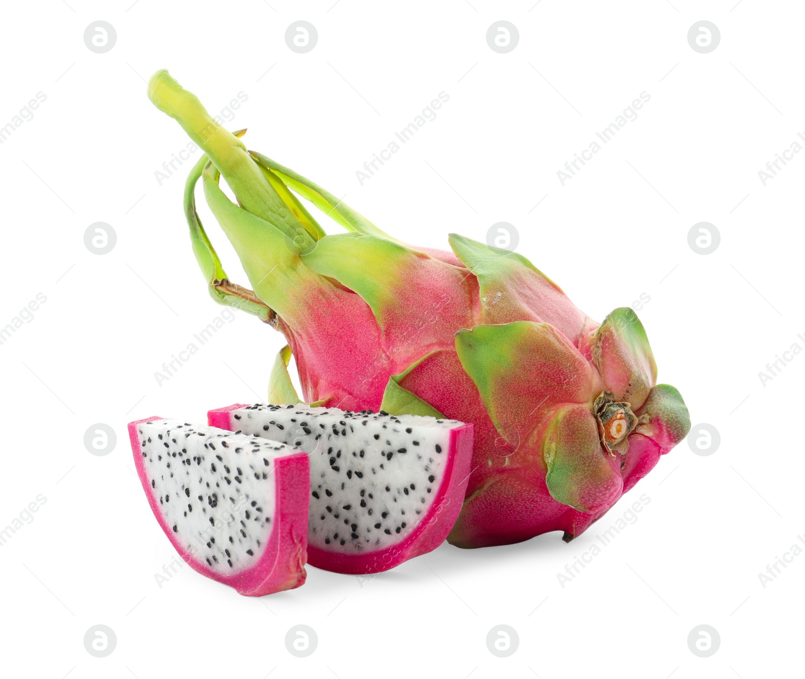 Photo of Delicious cut and whole dragon fruits (pitahaya) on white background