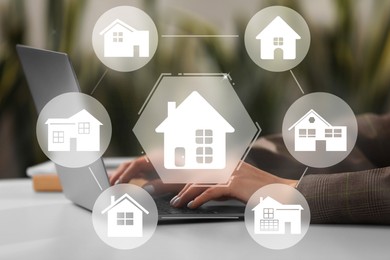 Image of House search. Woman choosing home via laptop at table, closeup. Illustrations of different buildings as real estate variations