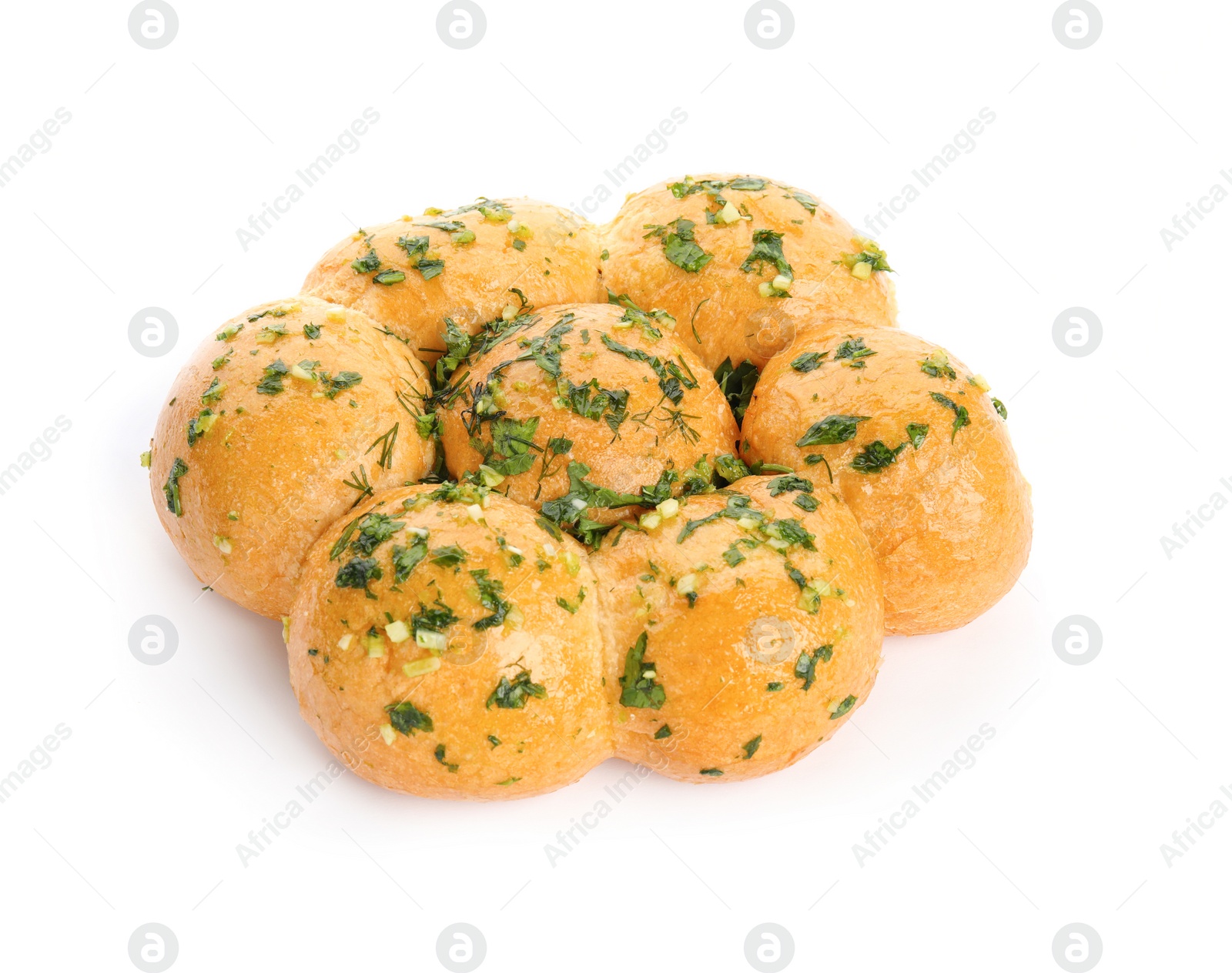 Photo of Traditional pampushka buns with garlic and herbs on white background