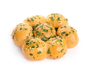Photo of Traditional pampushka buns with garlic and herbs on white background