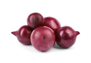 Photo of Fresh whole red onions on white background