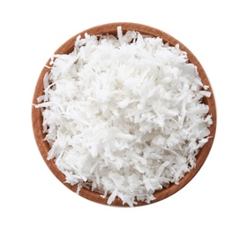 Fresh coconut flakes in bowl on white background, top view