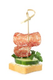 Photo of Tasty canape with salami, cucumber and cream cheese isolated on white