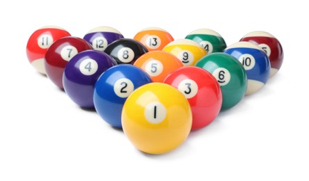 Photo of Set of billiard balls on white background